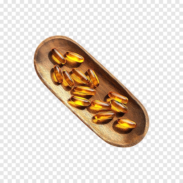 PSD fish oil supplement capsules isolated on a transparent background highlighting their shine