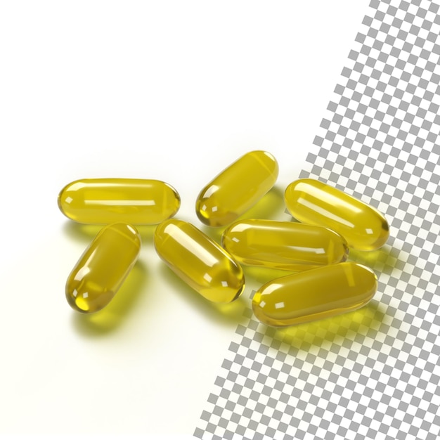 PSD fish oil supplement product capsules isolated on transparent background