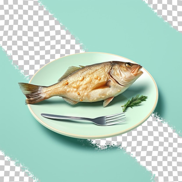 a fish on a plate with a fork and knife on it.