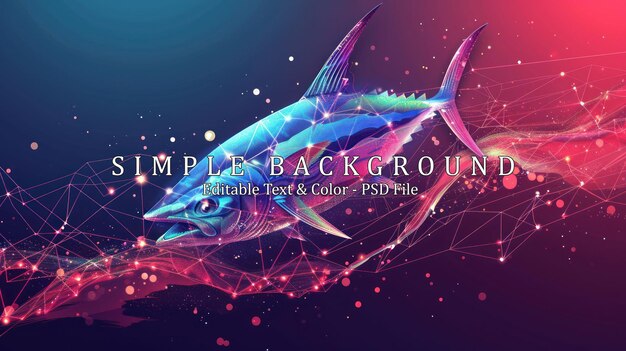 Fish tuna marlin jumping out from futuristic polygonal blue lines and glowing