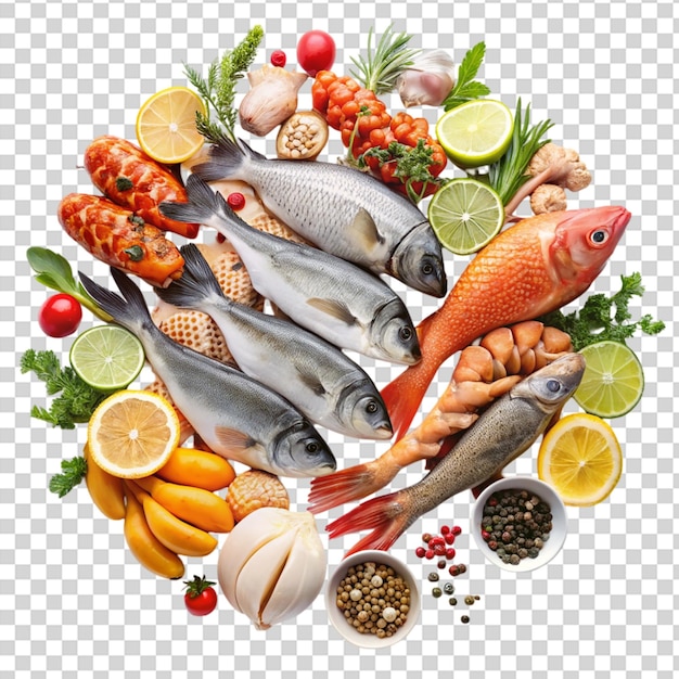 PSD fish and vegetables arranged in a circle on transparent background