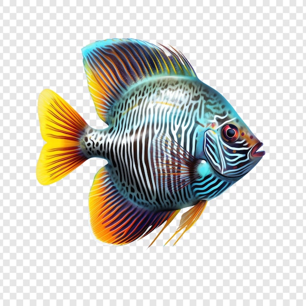 a fish with a blue and yellow striped tail is shown in a photo