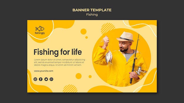 PSD fishing for life man in yellow fishing coat banner