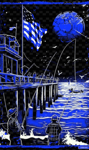 PSD fishing scene with people fishing from a pier a large americ creative illustration idea designs