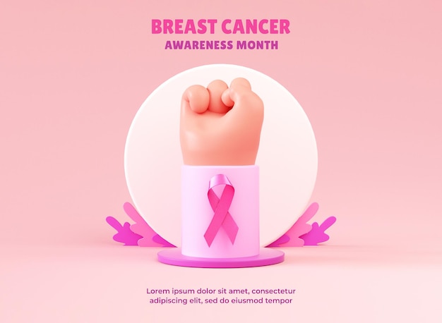 Fist up with a pink ribbon for Breast Cancer Awareness Month banner design in 3D render