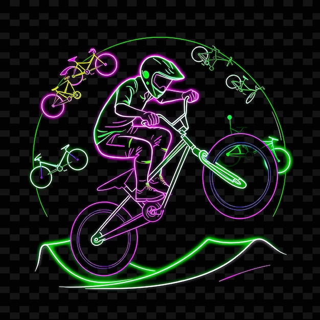 PSD fit bmx rider with bike neon stunt art design with vibrant green and purple mixed color decorated w1