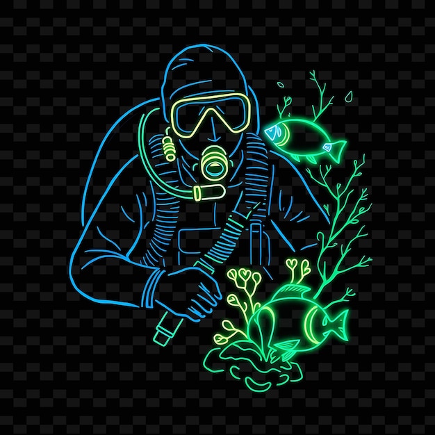 PSD fit scuba diver with gear neon ocean art design with deep blue and green mixed color decorated with1