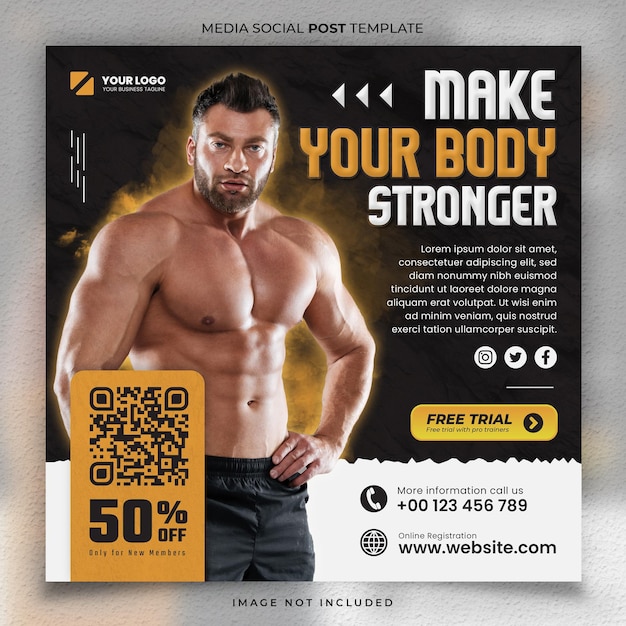 Fitness Gym Shape Stay Fit Media Social Post Yellow Template