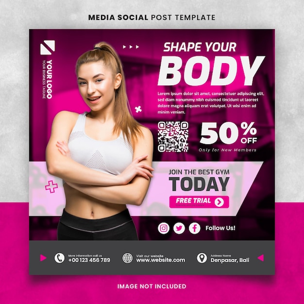 Fitness Gym Shape Your Body Media Social Post Pink Template