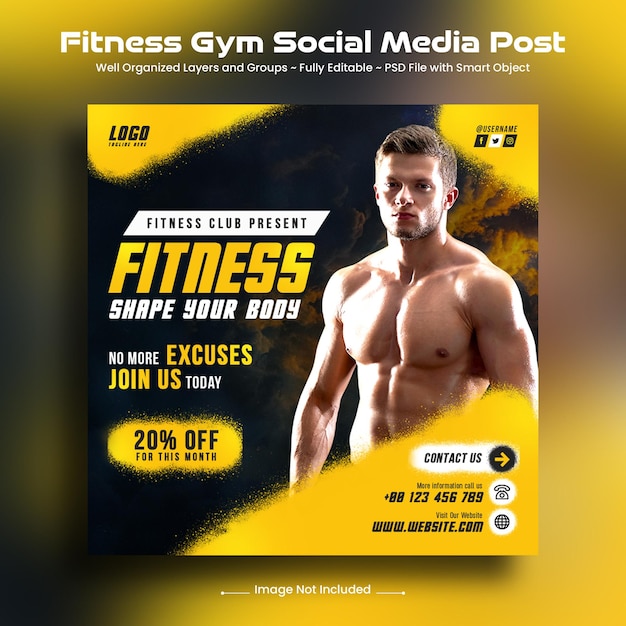 Fitness Gym social media post and  Instagram post square web banner template