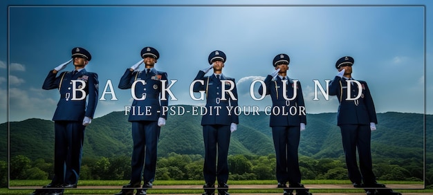 PSD five airmen in uniform salute against a mountainous background