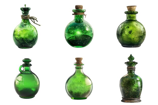 PSD five antique green glass bottles with cork stoppers