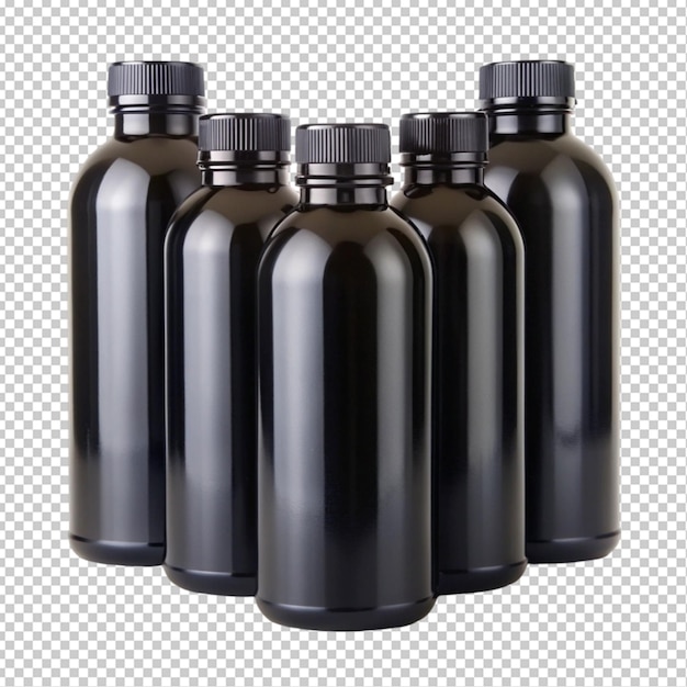 PSD five black bottles with black lids transparent background