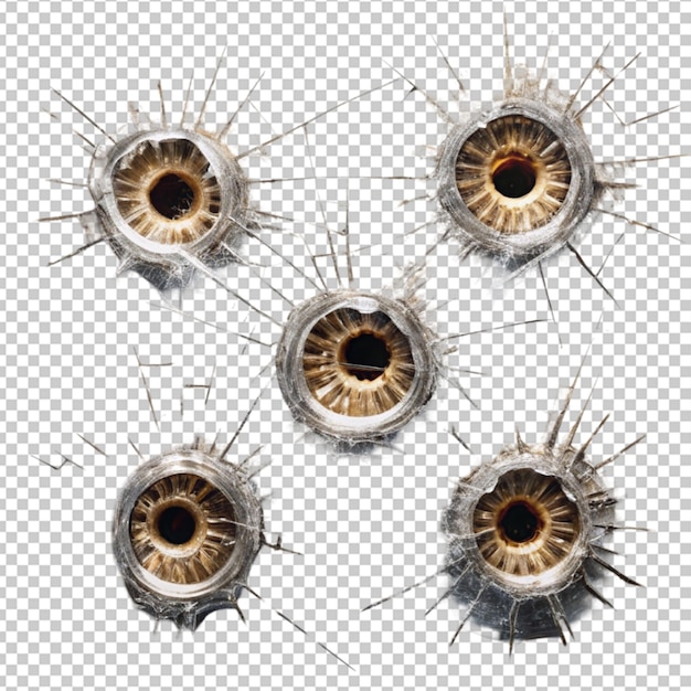 PSD five bullet holes in glass closeup realistic image