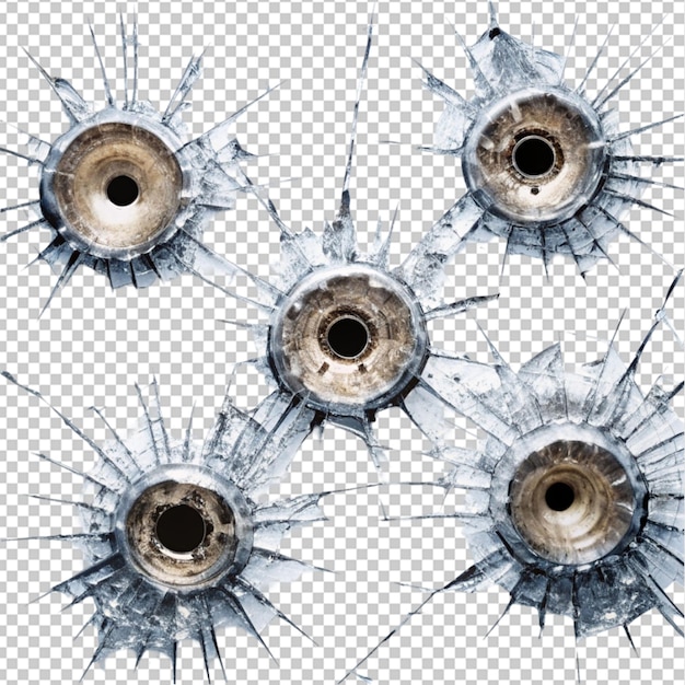 PSD five bullet holes in glass closeup realistic image