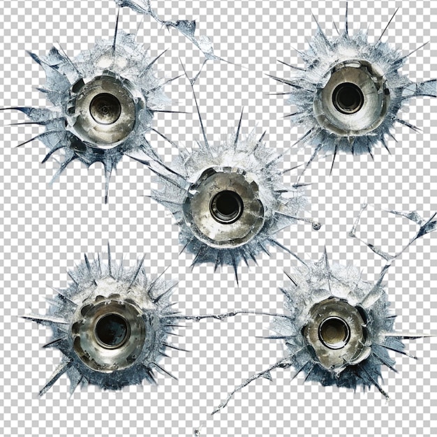 PSD five bullet holes in glass closeup realistic image