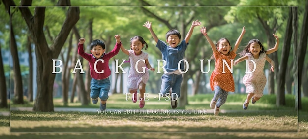 PSD five children jumping for joy in a park