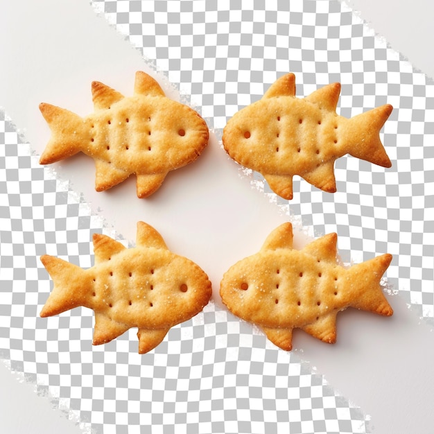 PSD five small fish crackers are lined up on a white background