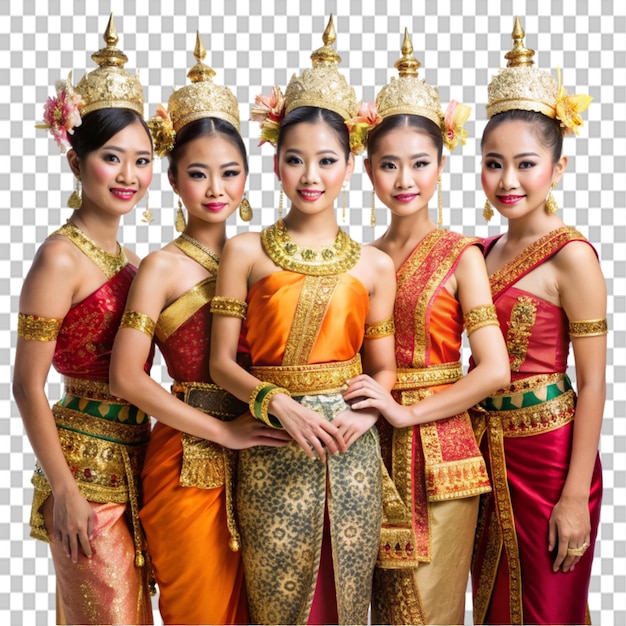 PSD five young women dress in traditional thai costume on transparent background