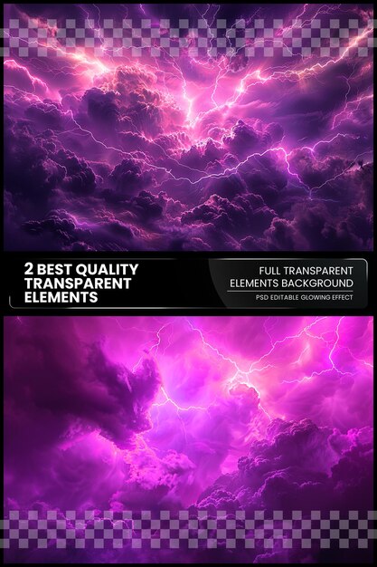 PSD flash light thunderstorm background on purple sky this on transparent background