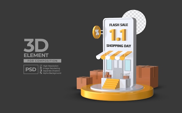 Flash sale shopping day 1 1 with smartphone podium 3d render element for composition premium psd