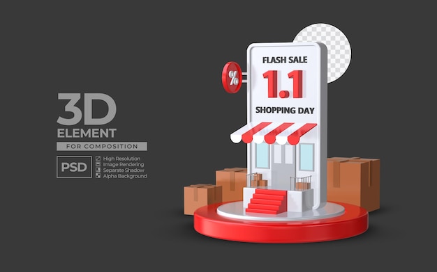 Flash sale shopping day 1 1 with smartphone podium 3d render element for composition premium psd