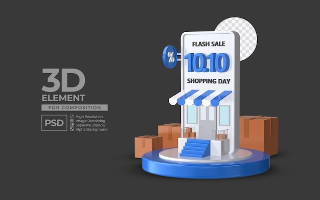 Flash sale shopping day 10 10 with smartphone podium 3d render element for composition premium psd