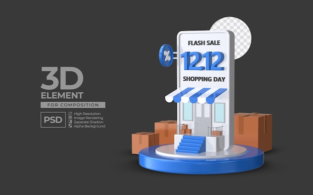 Flash sale shopping day 12 12 with smartphone podium 3d render element for composition premium psd