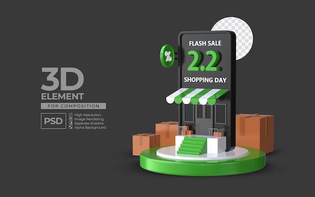 Flash sale shopping day 2 2 with smartphone podium 3d render element for composition premium psd