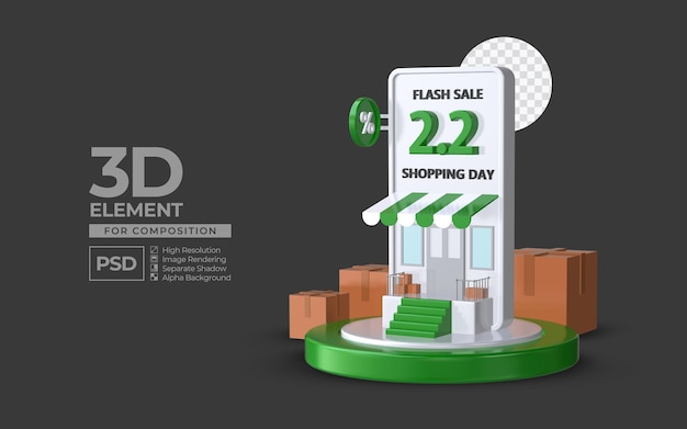 Flash sale shopping day 2 2 with smartphone podium 3d render element for composition premium psd