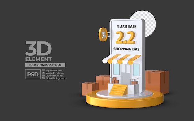 Flash sale shopping day 2 2 with smartphone podium 3d render element for composition premium psd