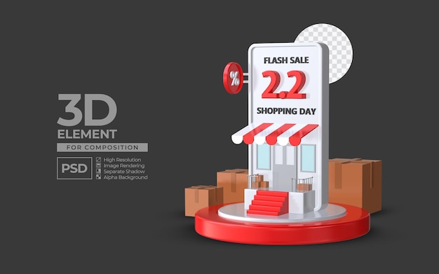 Flash sale shopping day 2 2 with smartphone podium 3d render element for composition premium psd