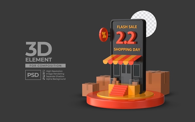 Flash sale shopping day 2 2 with smartphone podium 3d render element for composition premium psd