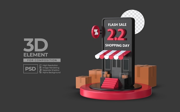 Flash sale shopping day 2 2 with smartphone podium 3d render element for composition premium psd