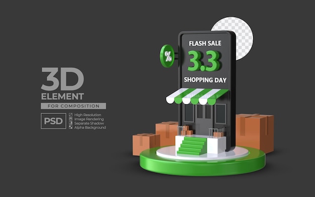 Flash sale shopping day 3 3 with smartphone podium 3d render element for composition premium psd