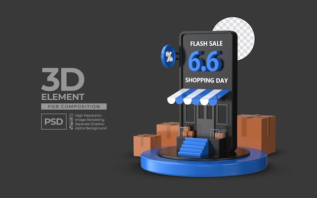 Flash sale shopping day 6 6 with smartphone podium 3d render element for composition premium psd