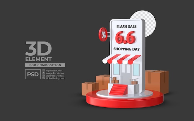 Flash sale shopping day 6 6 with smartphone podium 3d render element for composition premium psd