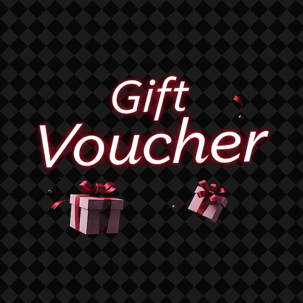 Flashing Gift Voucher Text in Neon Vibrant Maroon and Burgundy With Floating Gift Boxes and Ribbons