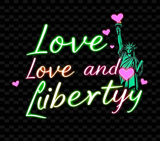 PSD flashing love and liberty text alternates in neon green and hot pink glowing statue of liberty and