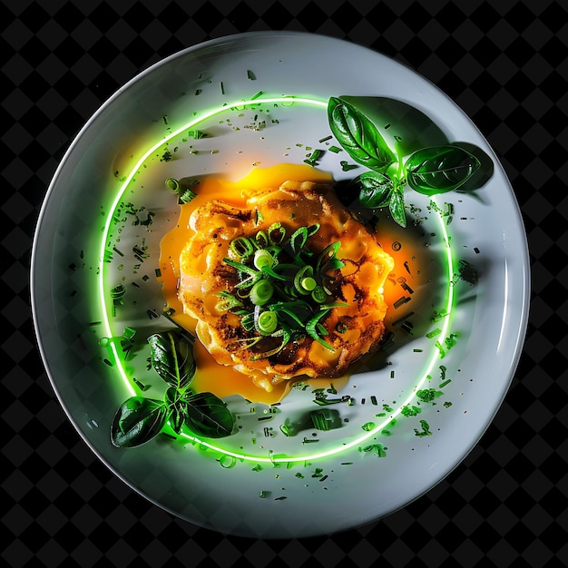 PSD flashing neon lines fried yam and egg sauce asaro in a porce png neon food decor y2k collection