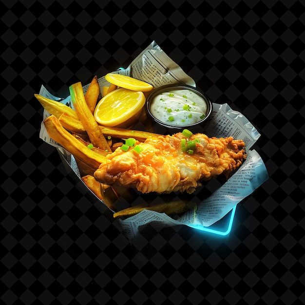 Flashing Neon Squares British Fish and Chips in a Newspaper PNG Neon Food Decor Y2K Collection