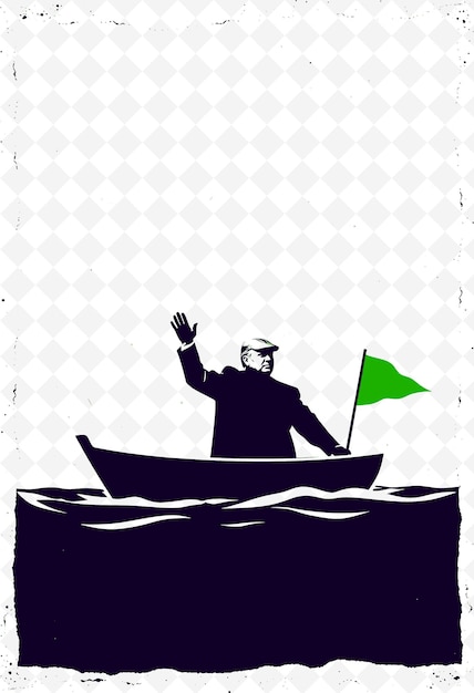 PSD flat 2d waving from a tiny boat silhouette sharp against stark black whit illustration us campaigne