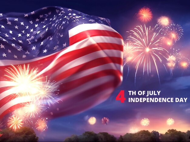 Flat 4th of july independence day illustration with fireworks and flag