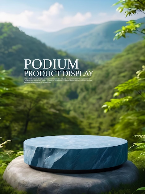 Flat blue round stone podium on rock platform green forest natural landscape background