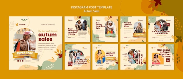 Flat design autumn instagram post template design