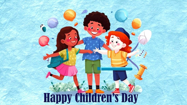 PSD flat design of childrens day background with children cheering