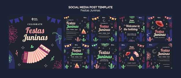 Flat design festas juninas instagram posts template