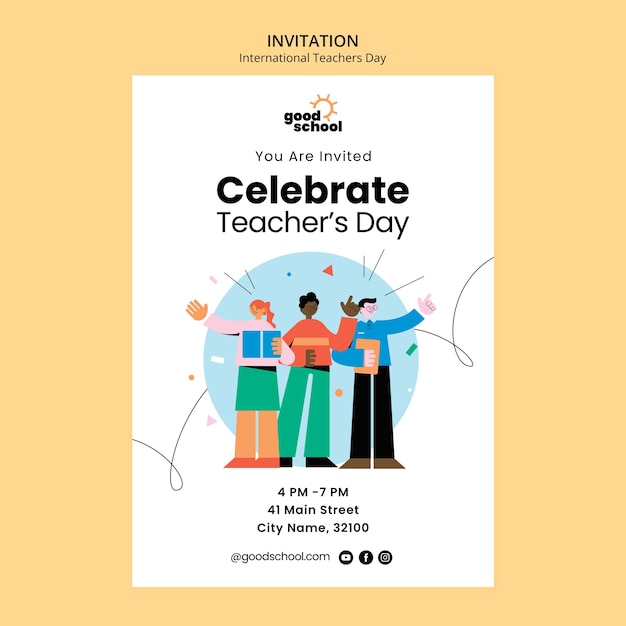 Flat design teacher's day invitation template