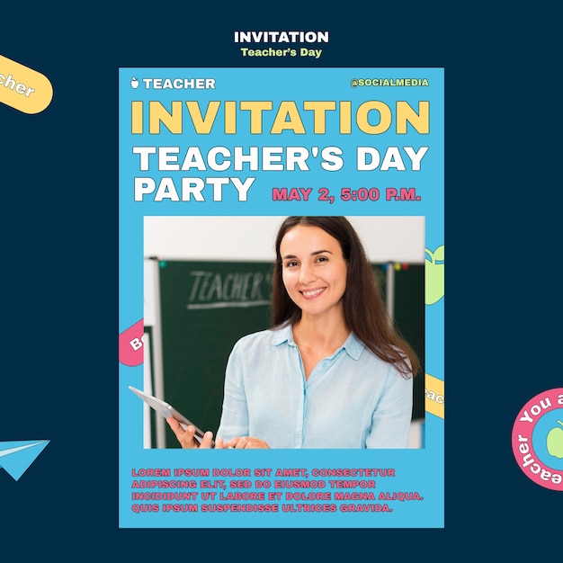 Flat design teacher's day invitation template