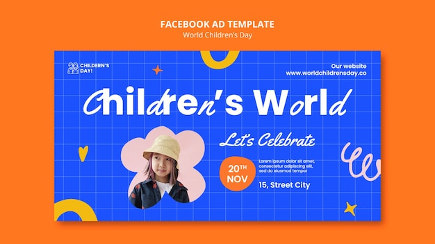 Flat design world children's day facebook template